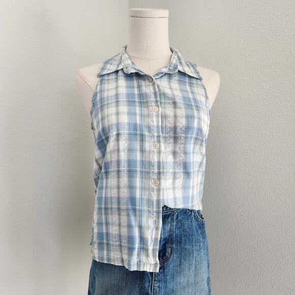 Faded Glory Tops - Vintage Y2K Faded Glory Blue White Plaid Sleeveless Button Down Top S Cottage